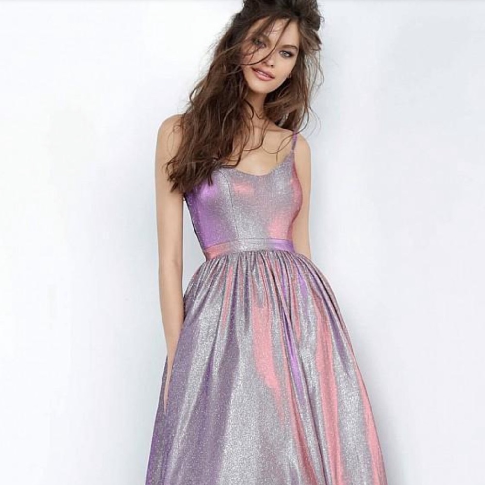 Jovani - JVN2191 Metallic Scoop Neck A-Line Gown